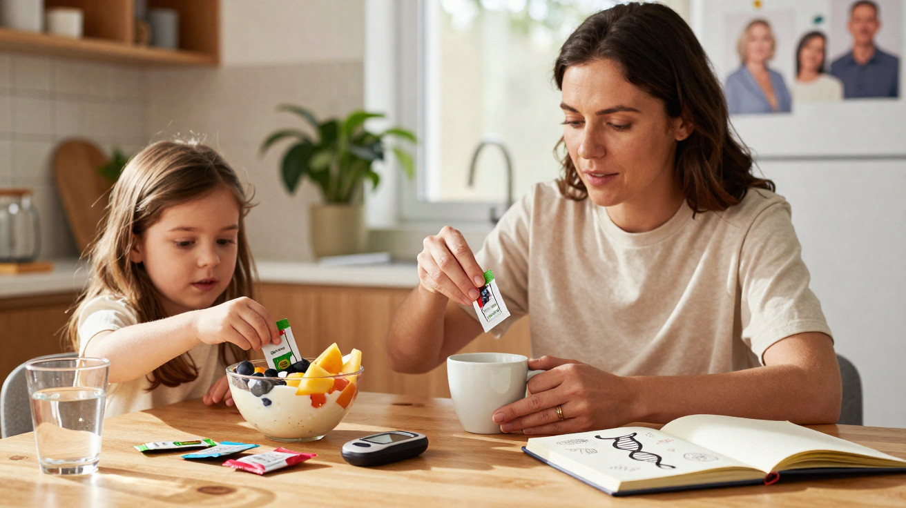 Mãe e filha a adicionar açúcar numa tigela de fruta e numa chávena numa cozinha iluminada.