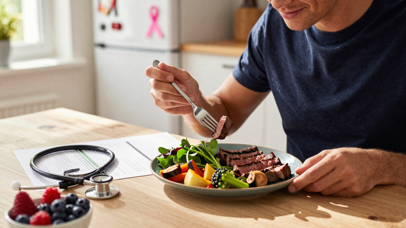 Homem a comer refeição saudável com legumes, carne e frutos numa mesa com estetoscópio e documentos médicos.