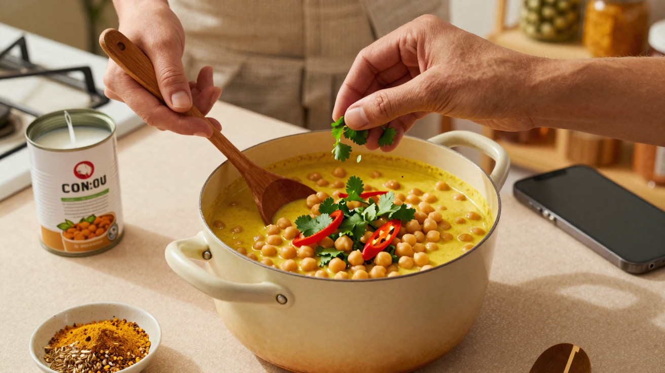 Pessoa a temperar guisado de grão-de-bico com coentros e malagueta vermelha numa panela cremosa.