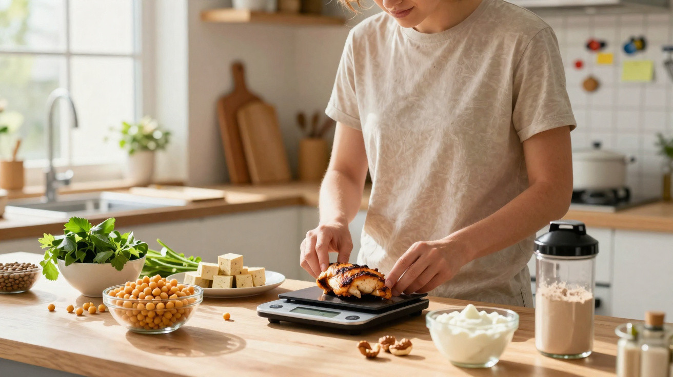 Pessoa a pesar peça de frango grelhado numa balança digital numa cozinha luminosa e organizada.