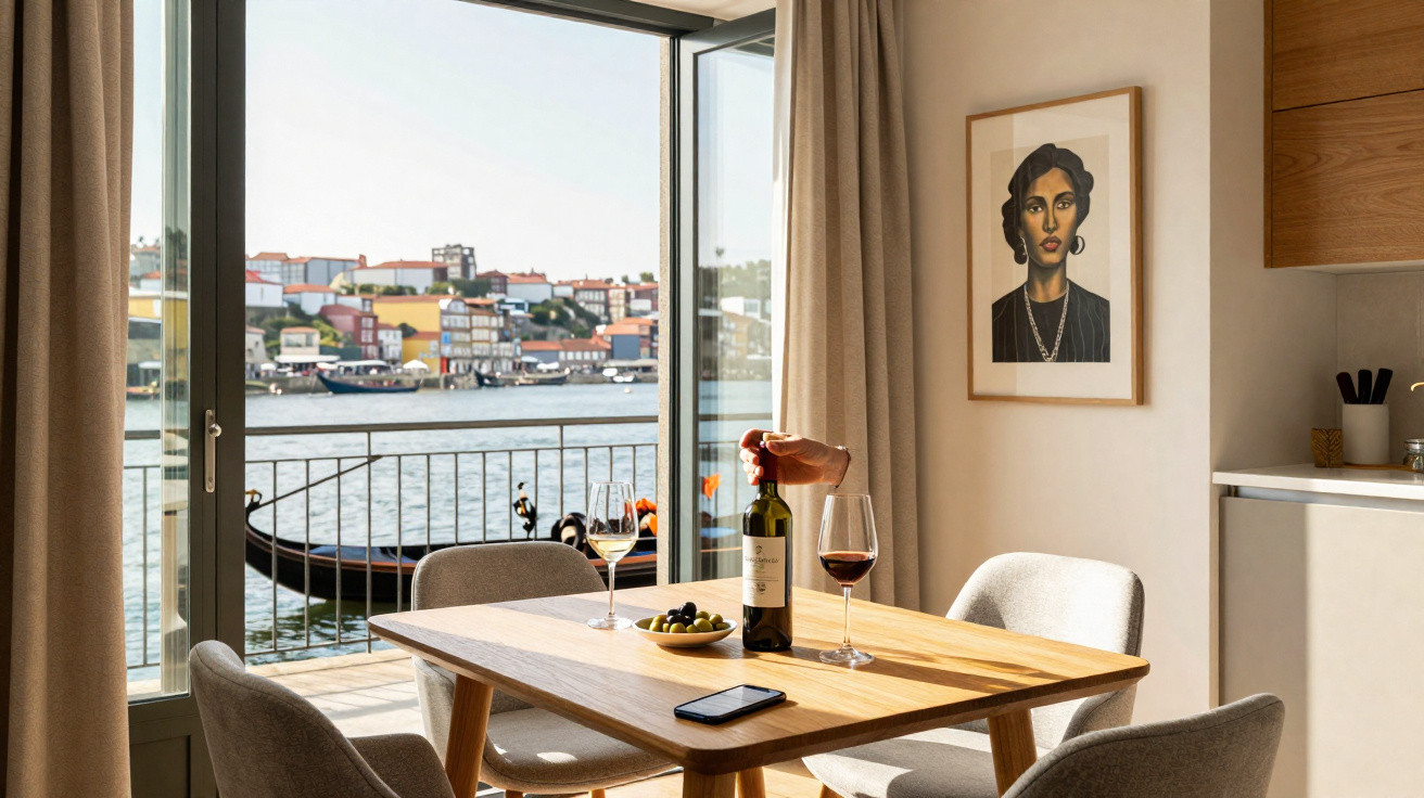 Mesa de jantar com garrafa e copos de vinho, taça, azeitonas e telemóvel junto a varanda com vista para o rio e cidade.
