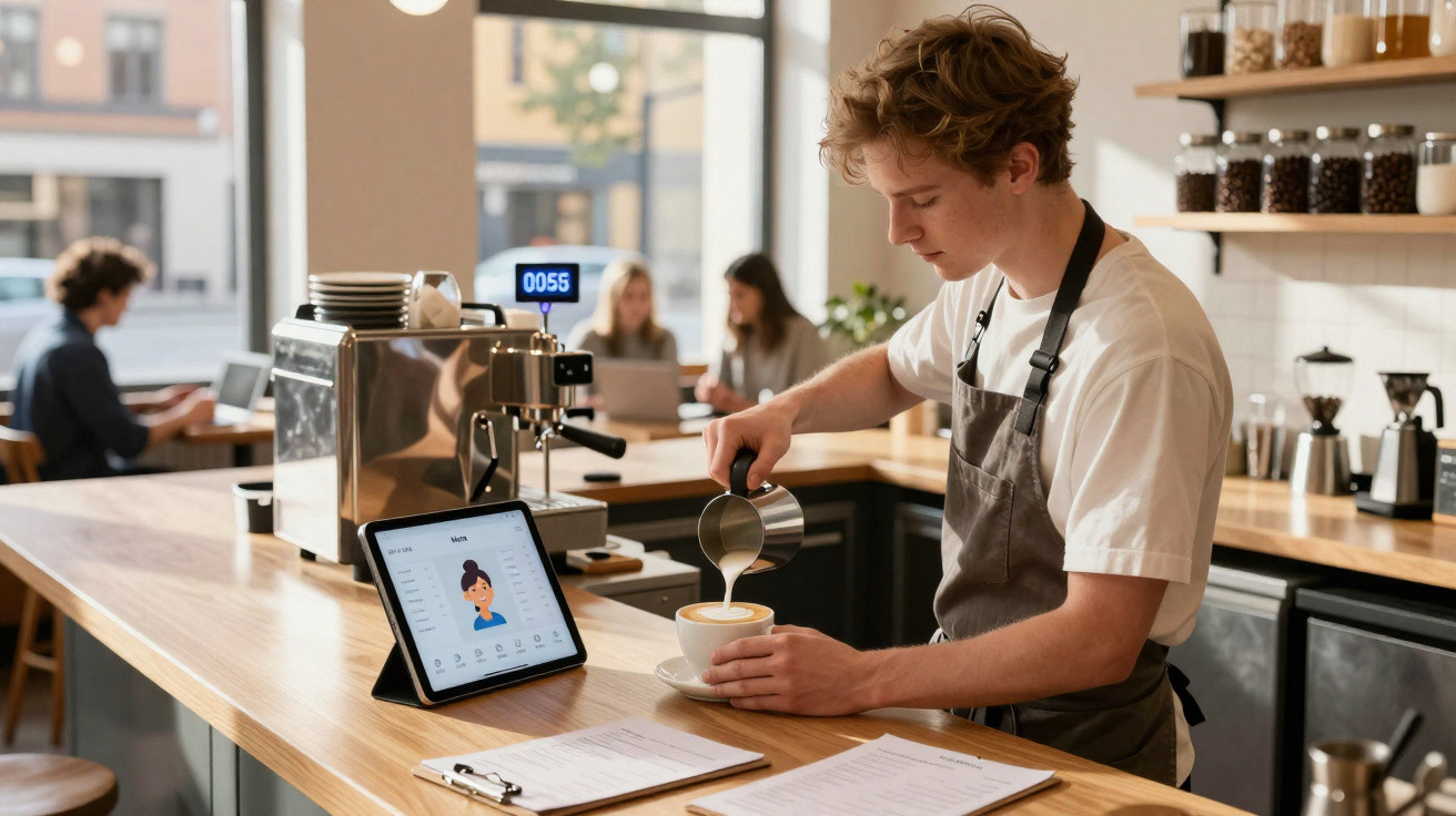 Barista jovem a preparar café com leite numa cafetaria moderna, com clientes ao fundo.