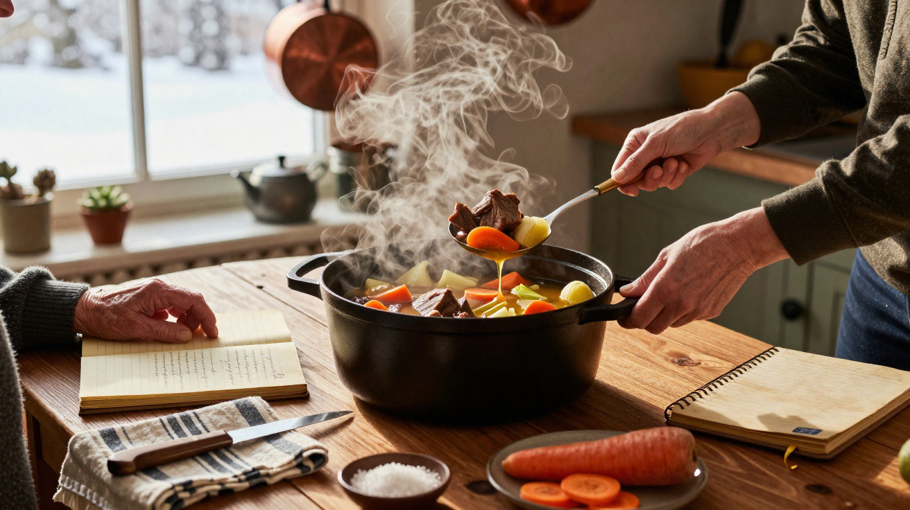 Mãos servem ensopado quente com cenoura e batata numa panela preta numa cozinha iluminada.