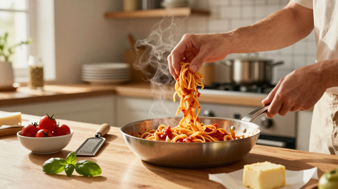 Pessoa a cozinhar massa com molho de tomate numa frigideira numa cozinha moderna e iluminada.