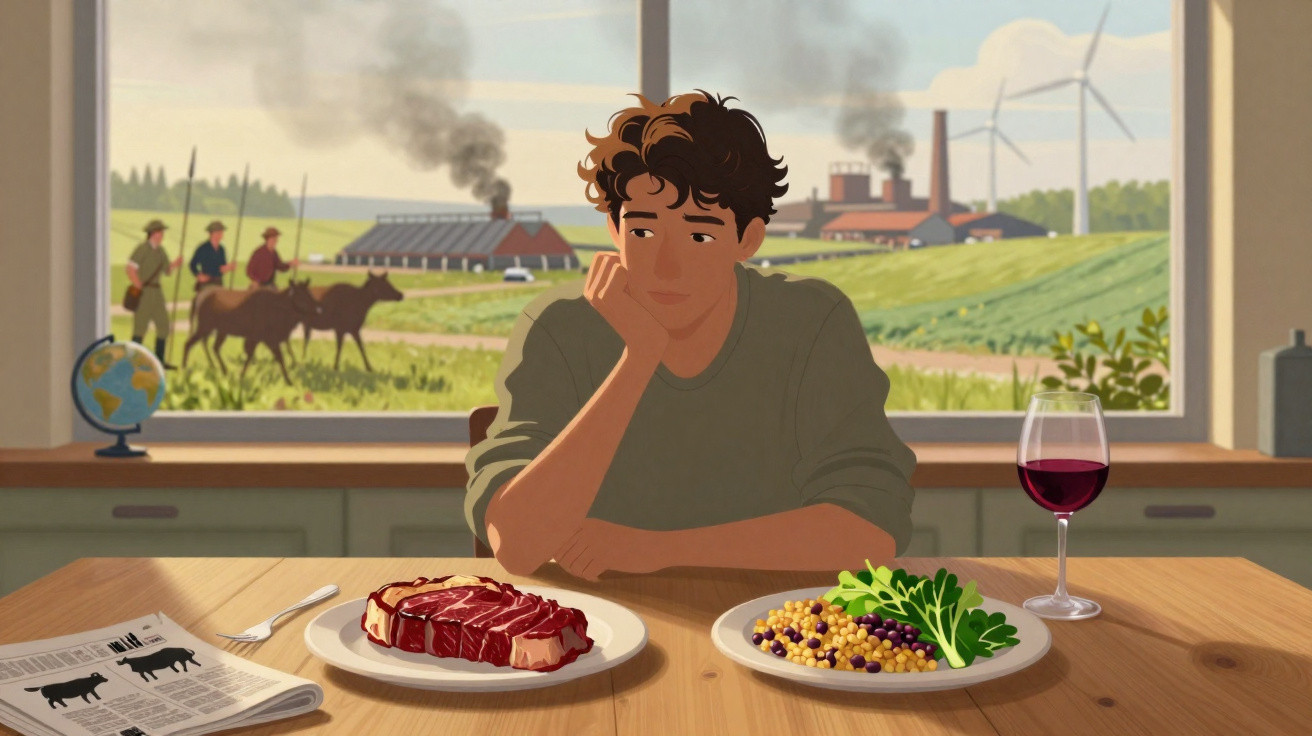 Jovem sentado à mesa com bife, salada, copo de vinho, olhando para paisagem poluída fora da janela.