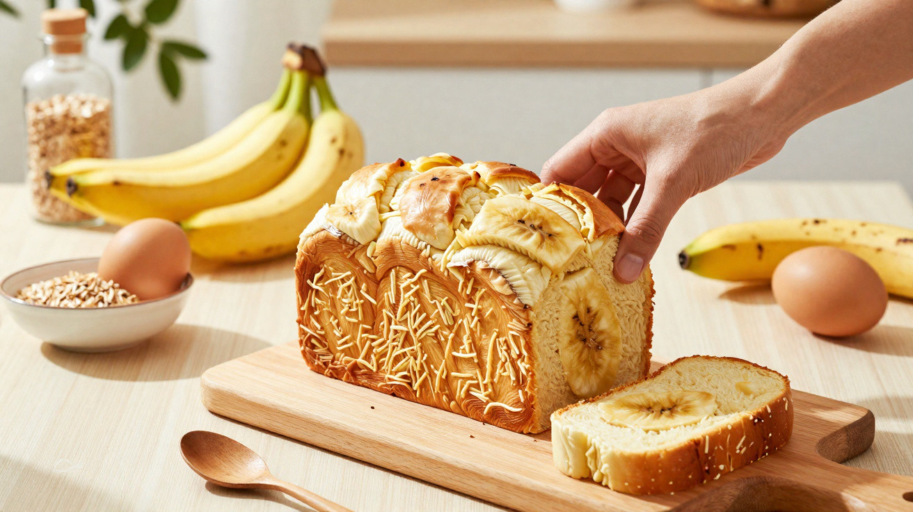 Pão caseiro com fatias de banana e queijo ralado, cortado e colocado numa tábua de madeira.