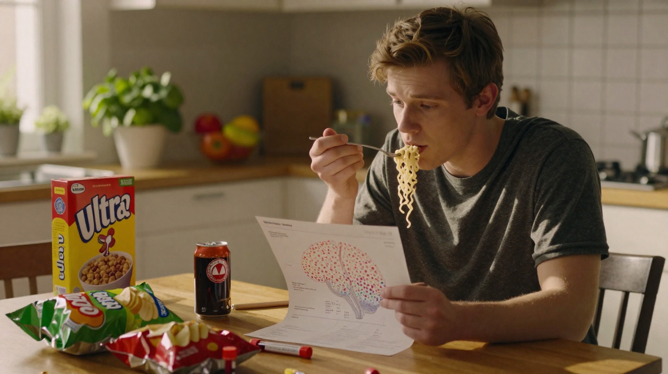Homem na cozinha a comer noodles instantâneos enquanto lê um gráfico do cérebro numa folha de papel.