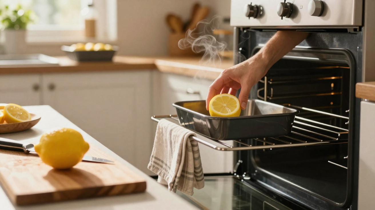 Mão a colocar metade de um limão numa forma dentro do forno a vapor numa cozinha moderna e iluminada.