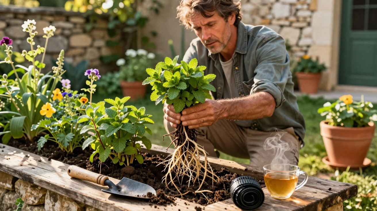 Homem a transplantar planta aromática numa mesa de jardim com chá quente ao lado.