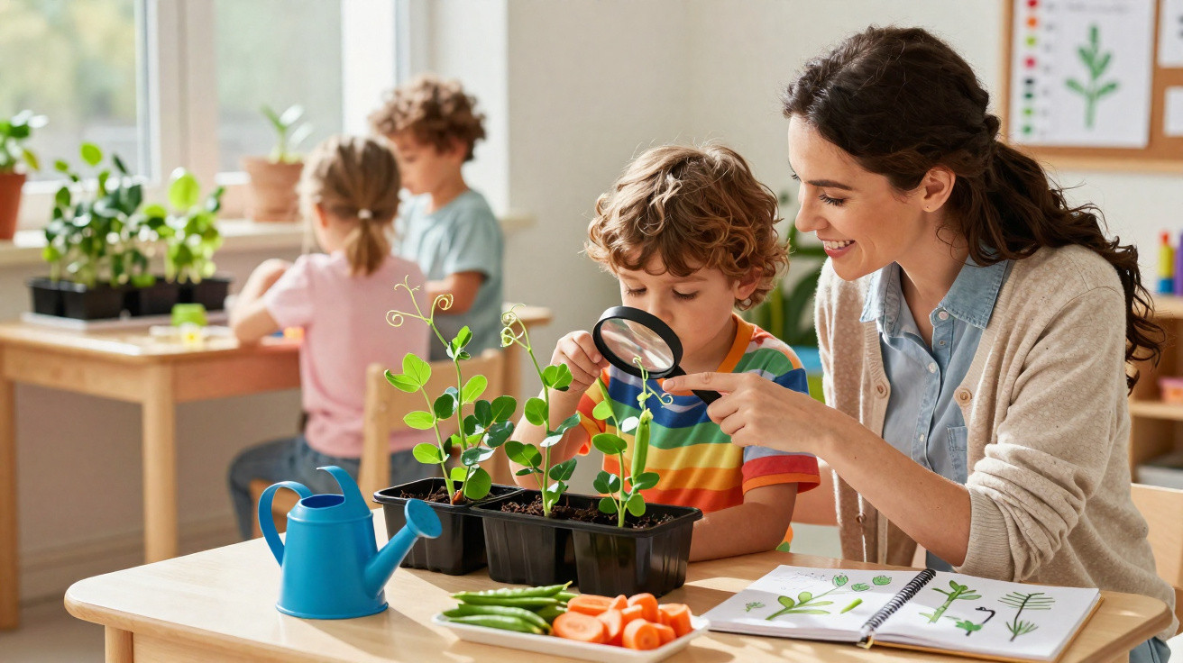 Criança e professora observam plantas com lupa numa sala de aula com outras crianças ao fundo.