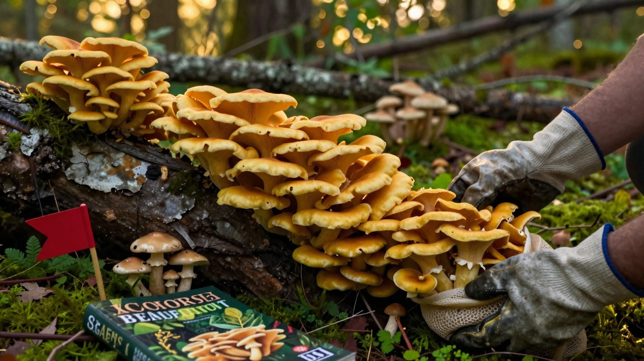 Pessoa a colher cogumelos amarelos em tronco caído numa floresta, com guia de identificação ao lado.