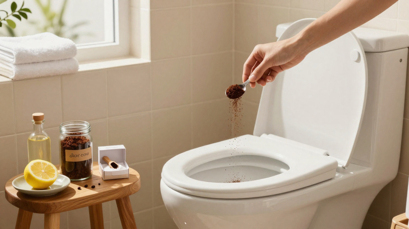 Pessoa a deitar café moído num sanitário branco, ao lado jarro, limão e toalhas numa casa de banho.