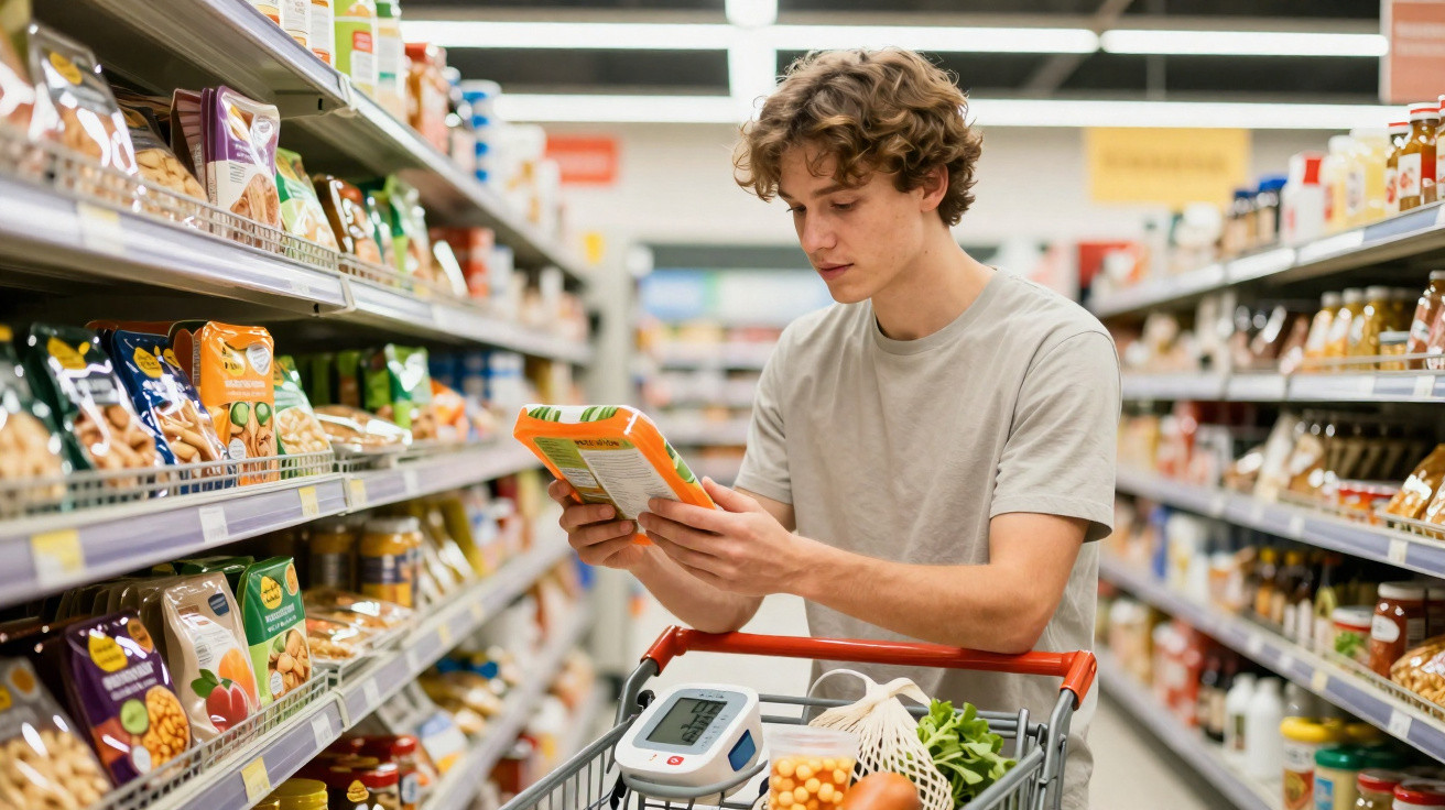 Jovem a ler embalagem de produto no corredor de supermercado empurrando carrinho com legumes e frutas.