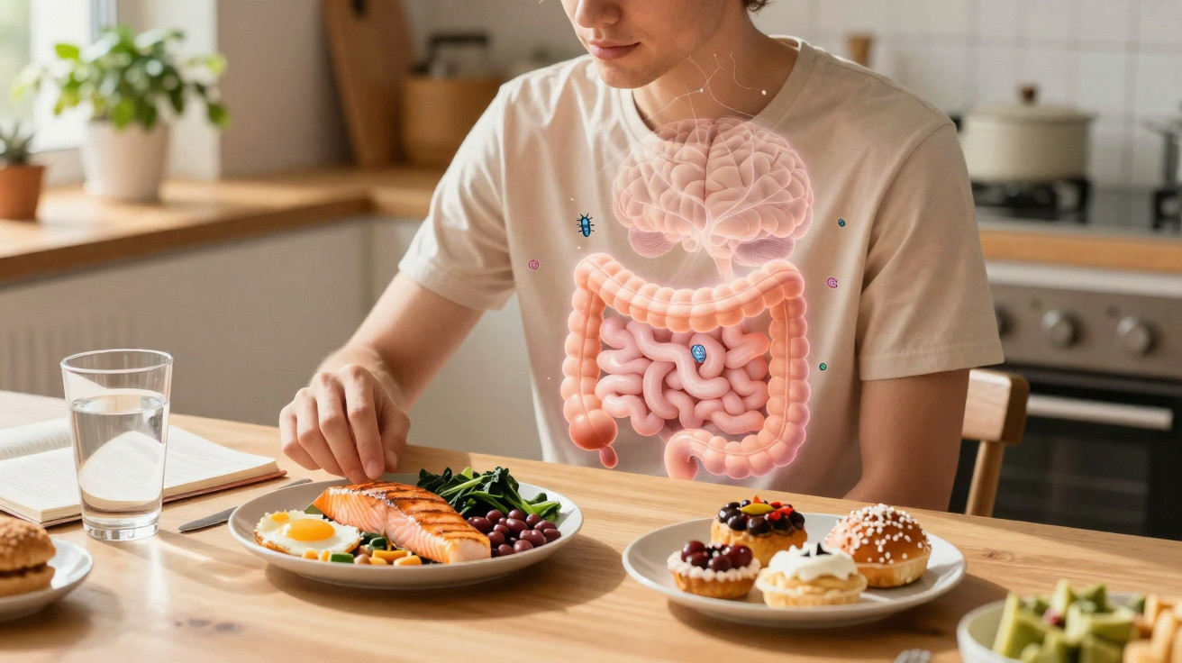 Pessoa a comer refeição saudável com ilustração do sistema digestivo e microrganismos intestinais.