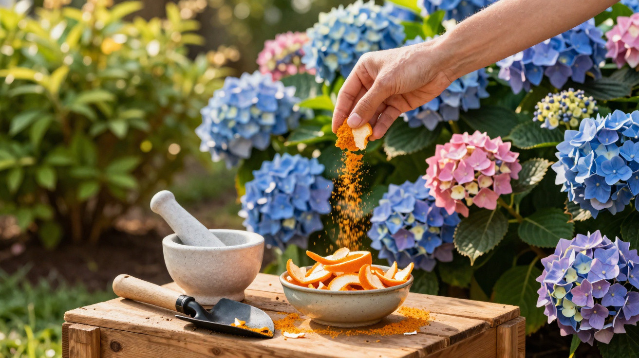 Mão a despejar pó laranja sobre cascas de laranja num recipiente, com flores azuis e rosas ao fundo.