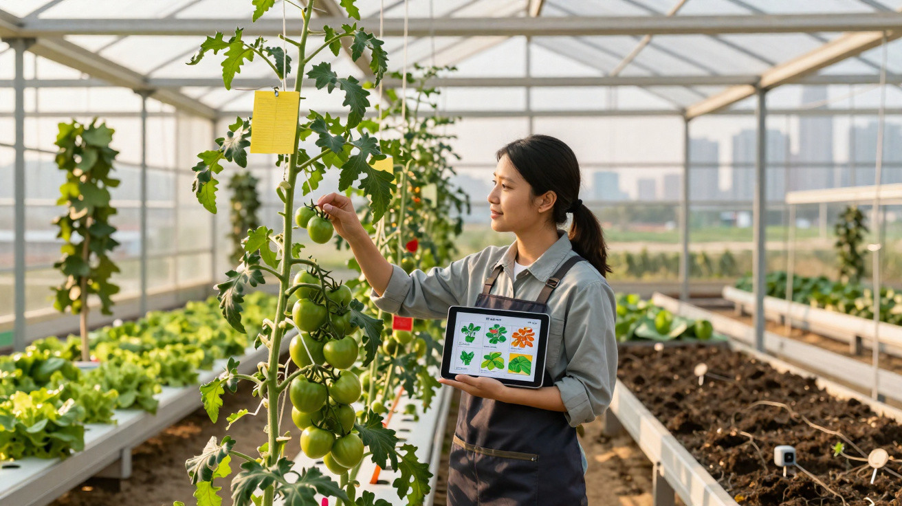 Mulher com tablet a analisar plantas de tomate verde numa estufa moderna de agricultura controlada.
