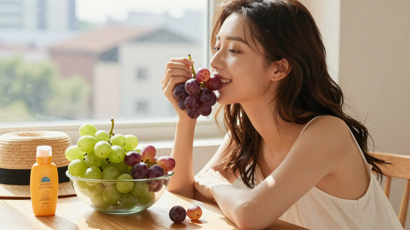 Mulher sentada à mesa a sorrir enquanto segura e cheira um cacho de uvas roxas junto a um prato com uvas verdes e roxas.