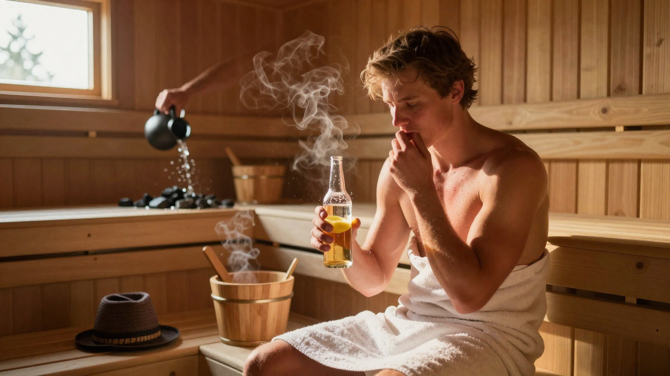 Homem sentado numa sauna de madeira, envolto em toalha, segurando garrafa e fumando cigarillo.