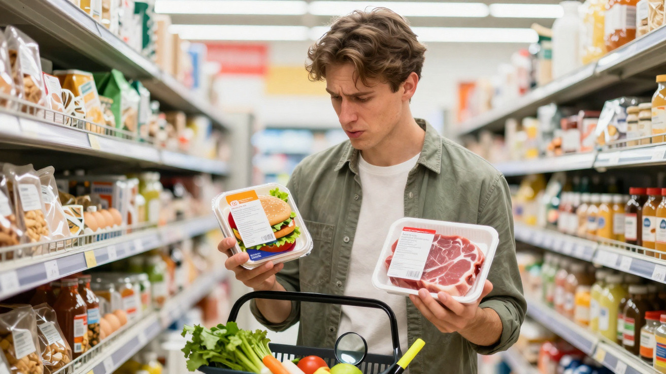 Homem no supermercado comparando informações nutricionais de hamburguer embalado e carne fresca.
