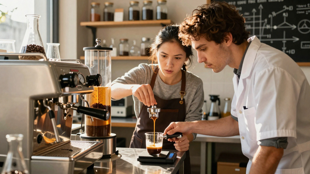 Dois baristas a preparar café expresso numa cafetaria moderna com equipamentos profissionais.
