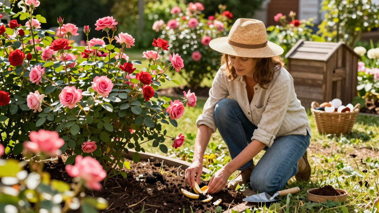 Mulher com chapéu a cuidar de roseiras num jardim luminoso, plantando composto no solo.