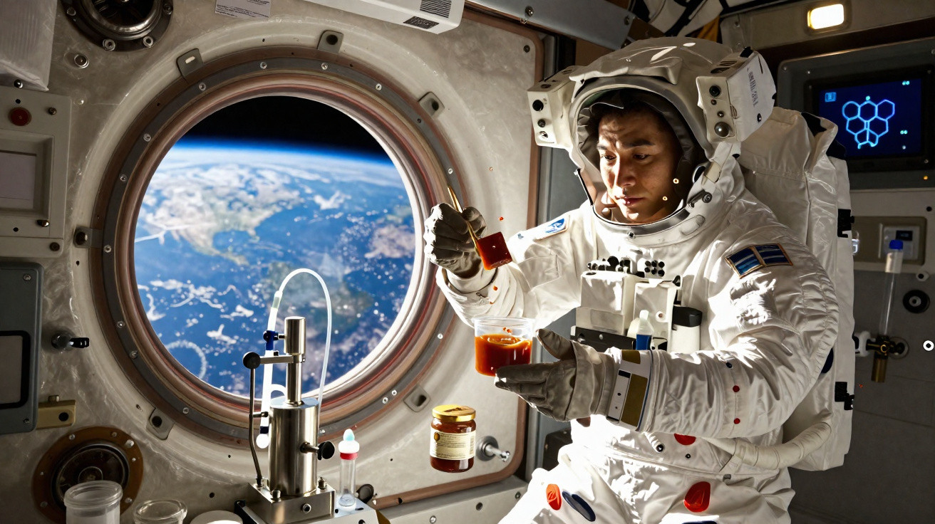 Astronauta em traje espacial realiza experiência científica dentro de estação espacial com vista da Terra.