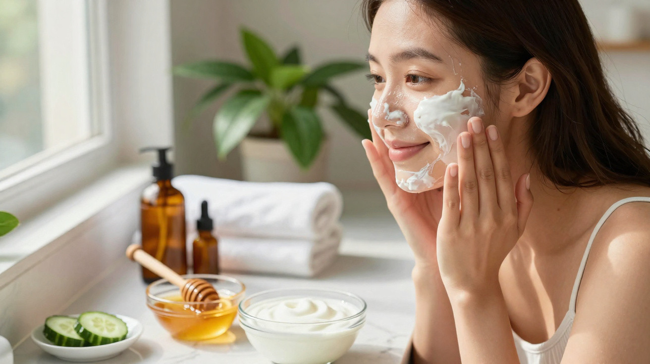 Mulher a aplicar máscara facial caseira numa cozinha com ingredientes naturais na bancada.