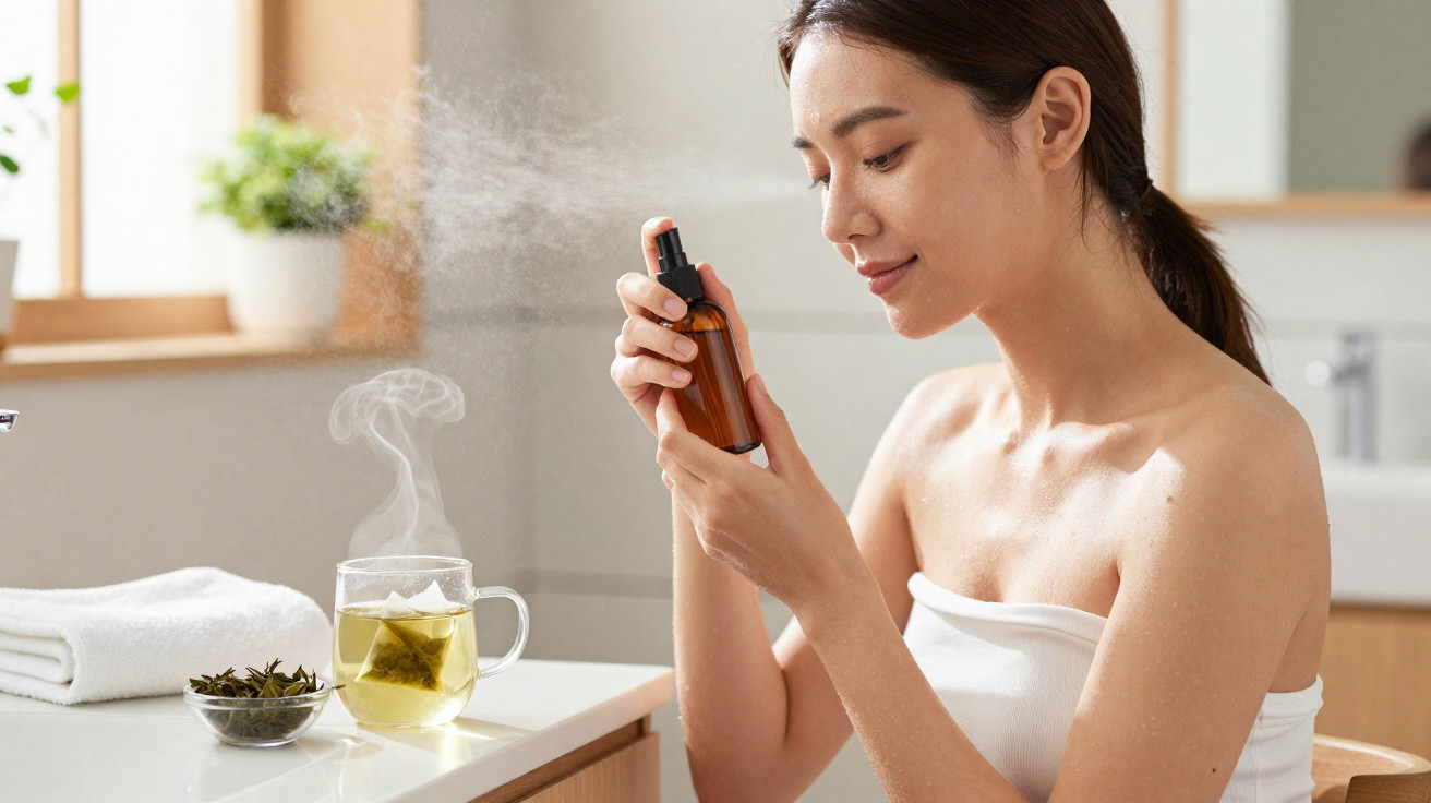 Mulher a aplicar spray facial num ambiente luminoso com chá quente e toalha branca na bancada.