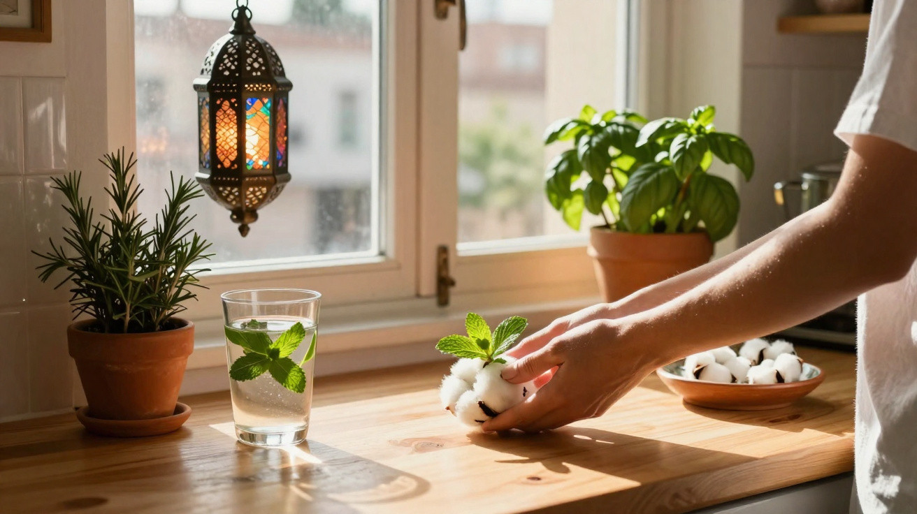 Mão segura flor de algodão numa cozinha com plantas, copo com bebida e lanterna decorativa na janela.