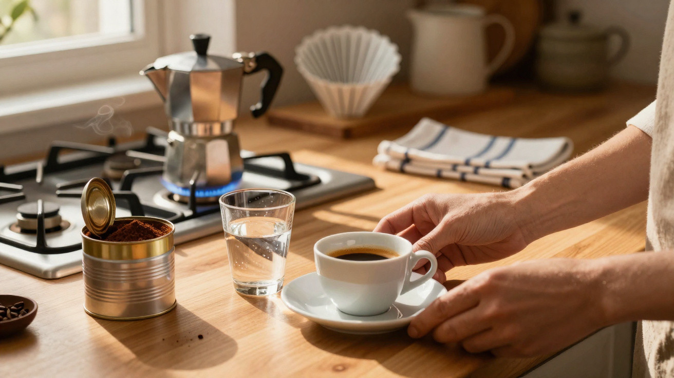 Pessoa a segurar chávena de café ao lado de jarra de café no fogão e lata aberta de café moído numa cozinha iluminada.
