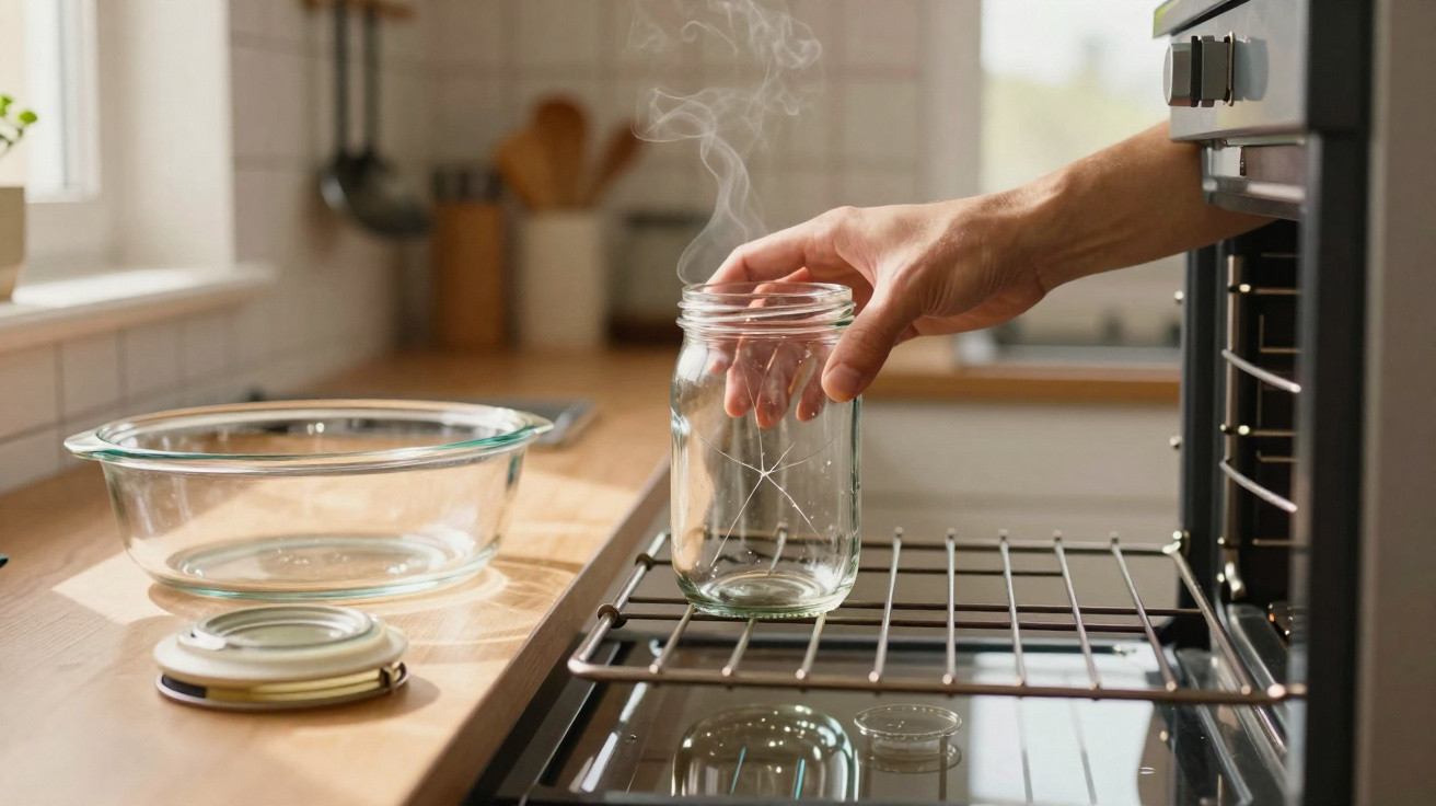 Mão a colocar frasco de vidro com vapor numa grelha de forno numa cozinha moderna e iluminada.