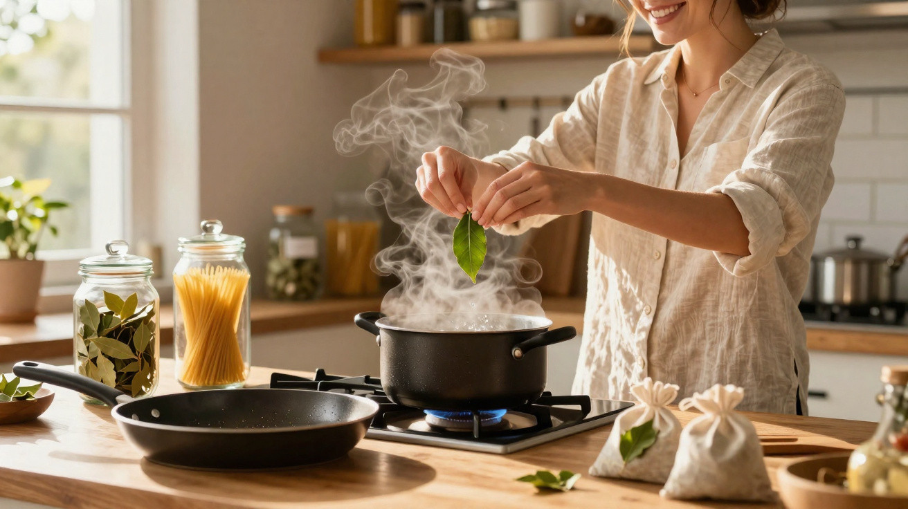 Mulher a cozinhar na cozinha, a adicionar folha de louro a uma panela a ferver no fogão.