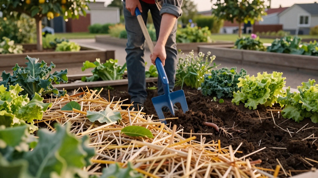 Pessoa a cultivar um jardim urbano com um garfo de jardim, terra e plantas verdes à volta.