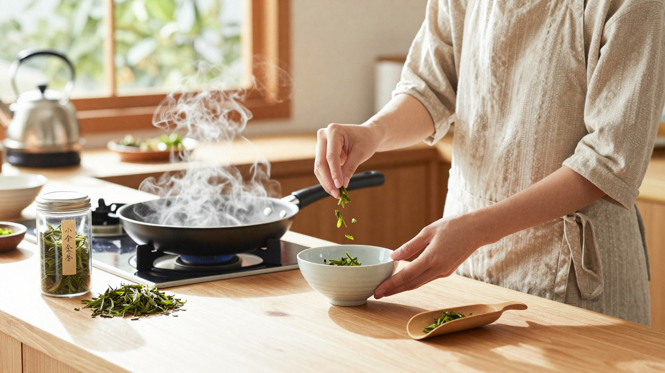Pessoa a preparar chá verde numa cozinha com chaleira e lume aceso numa panela fumegante.