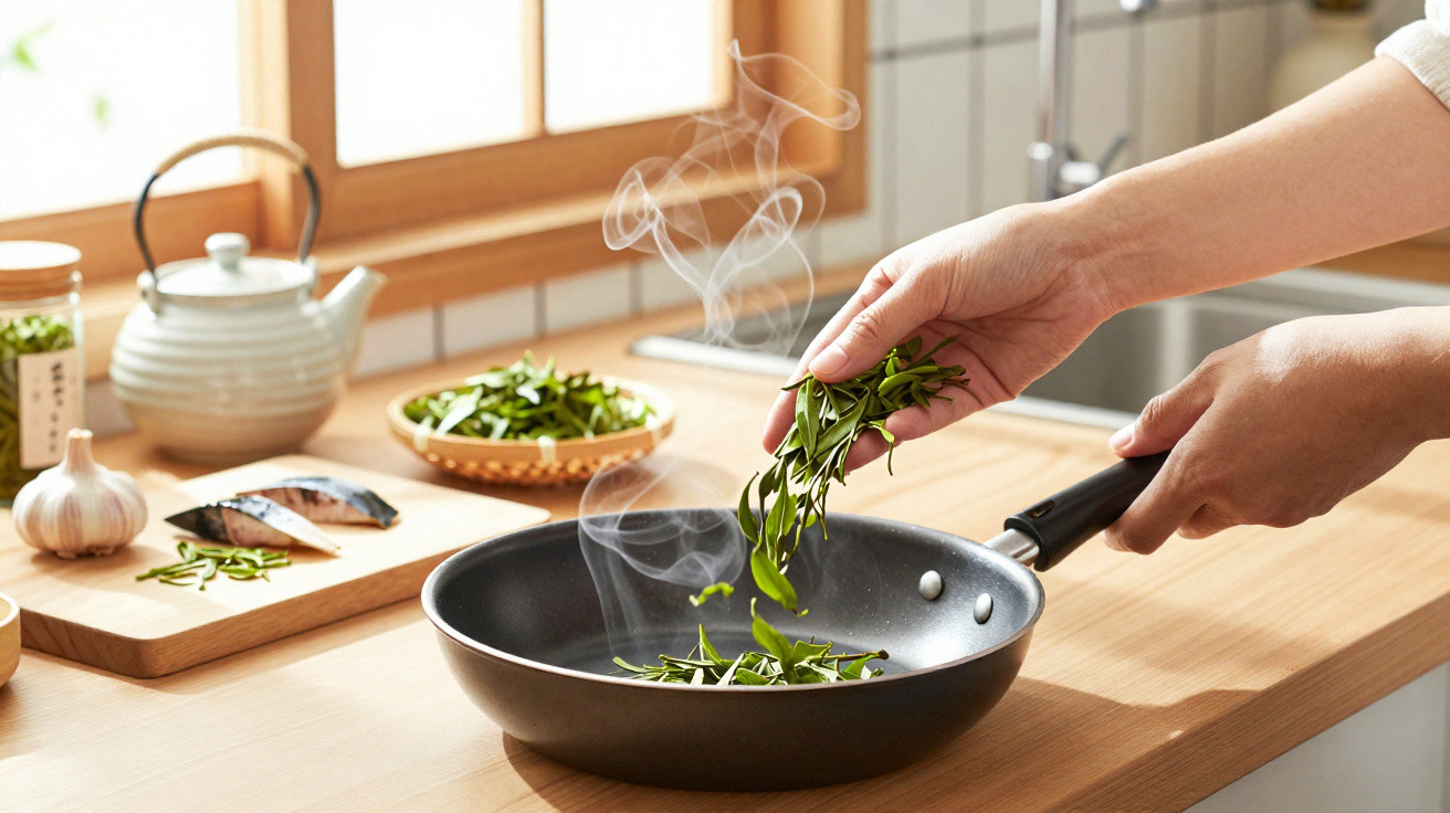 Mãos a saltear folhas verdes numa frigideira com vapor, numa cozinha luminosa com utensílios e ingredientes.
