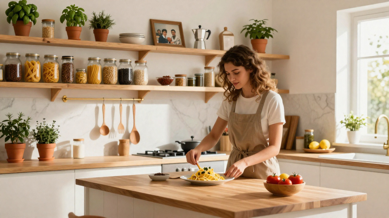 Mulher prepara prato de massa numa cozinha luminosa com plantas, frascos e utensílios de madeira.