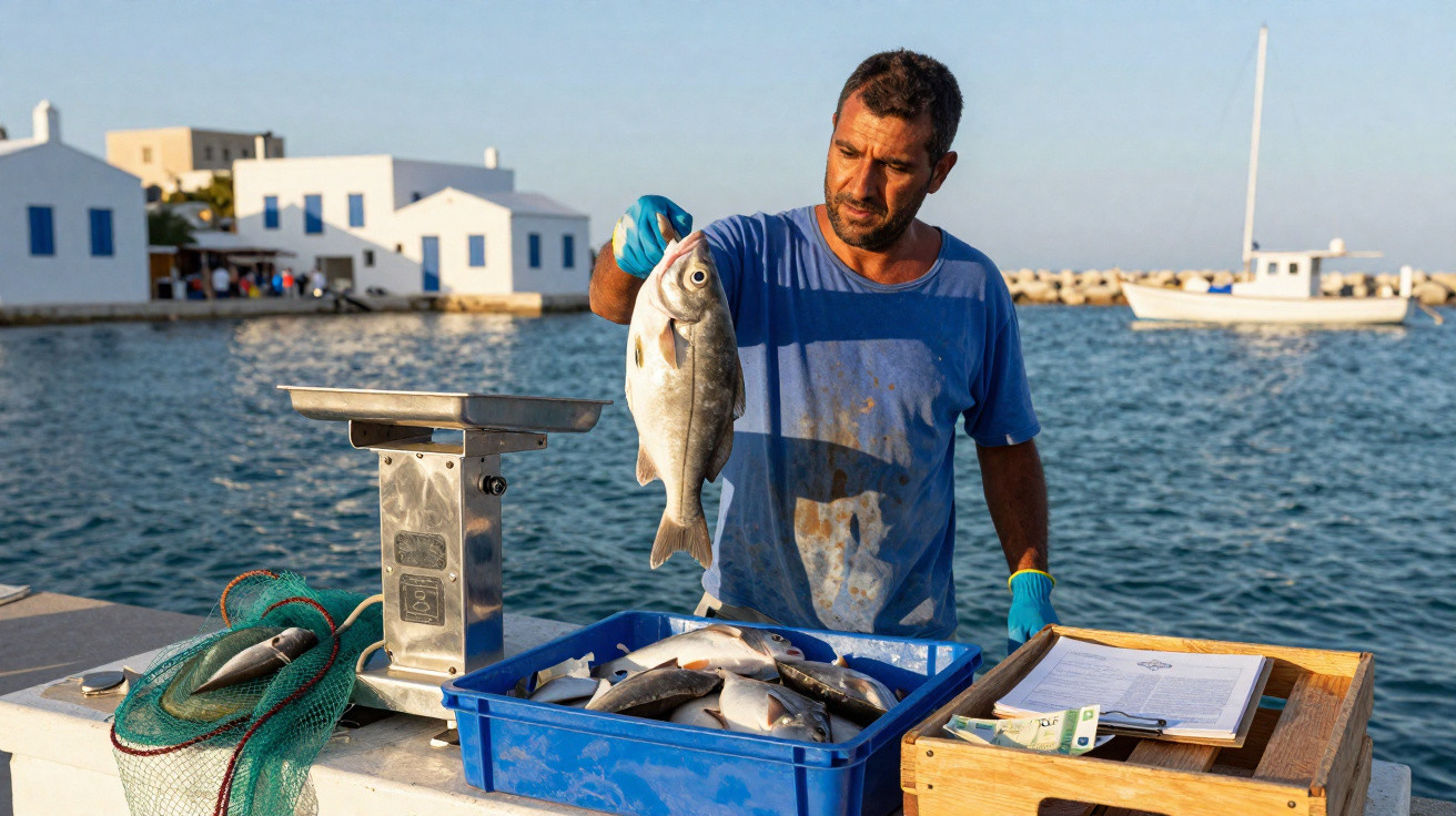 Pescador a segurar um peixe junto a uma caixa com mais peixes no cais, com mar e barcos ao fundo.