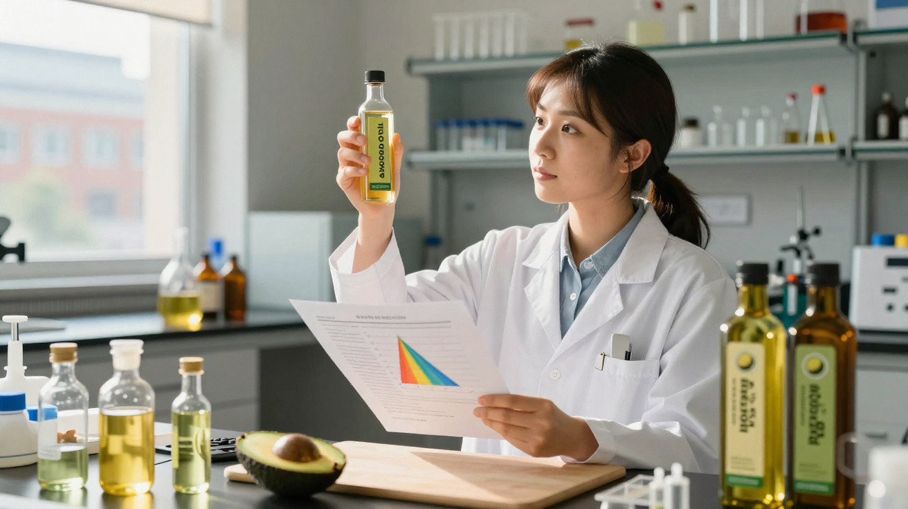 Mulher cientista em laboratório a analisar garrafa de óleo de abacate com documento na mão.