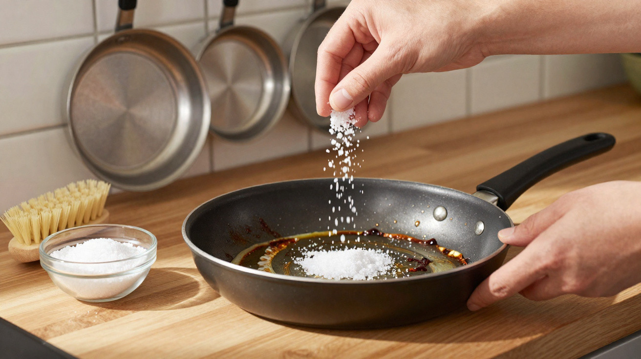 Pessoa a temperar óleo numa frigideira com sal grosso numa cozinha moderna.