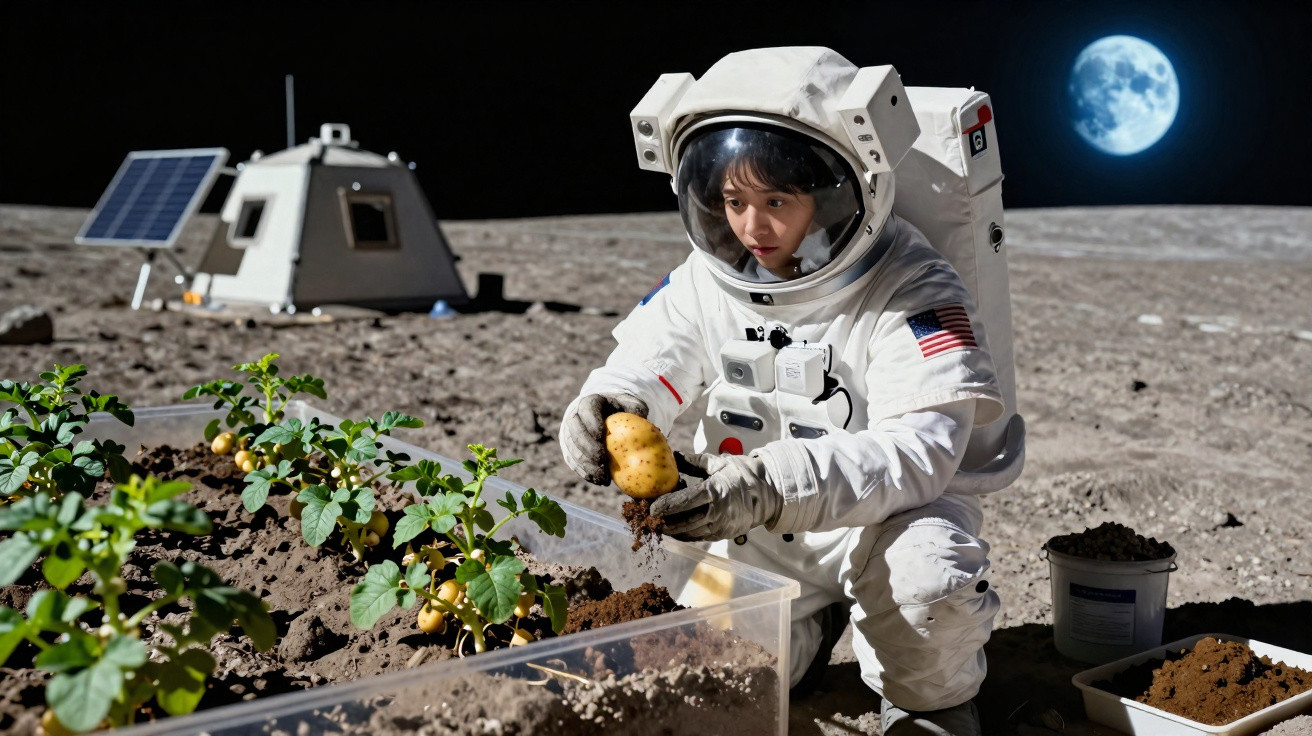Astronauta colhe batatas cultivadas em caixas de terra na superfície lunar com a Terra visível ao fundo.