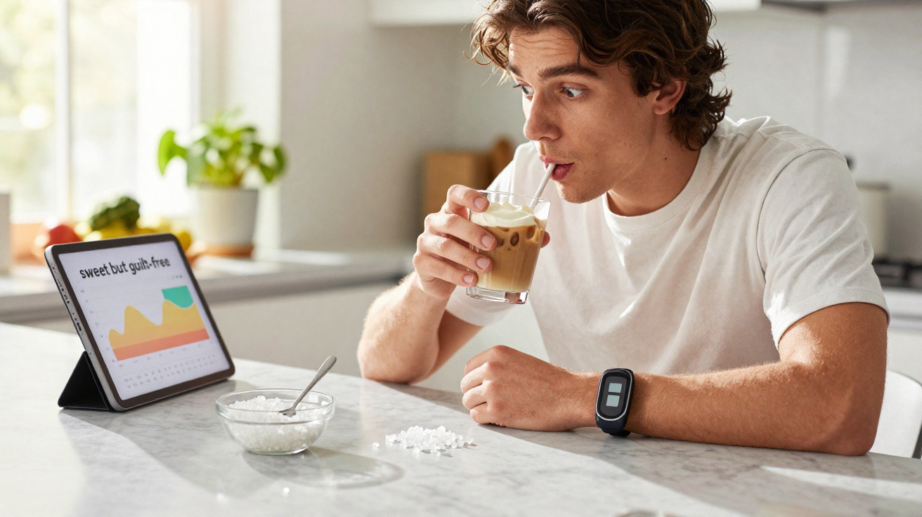 Jovem sentado a beber um café com gelo e a olhar para um tablet com gráfico na cozinha.