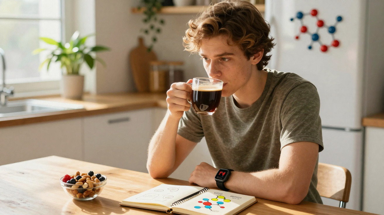 Jovem sentado à mesa a beber café, com caderno de química aberto e taça de frutos secos ao lado.