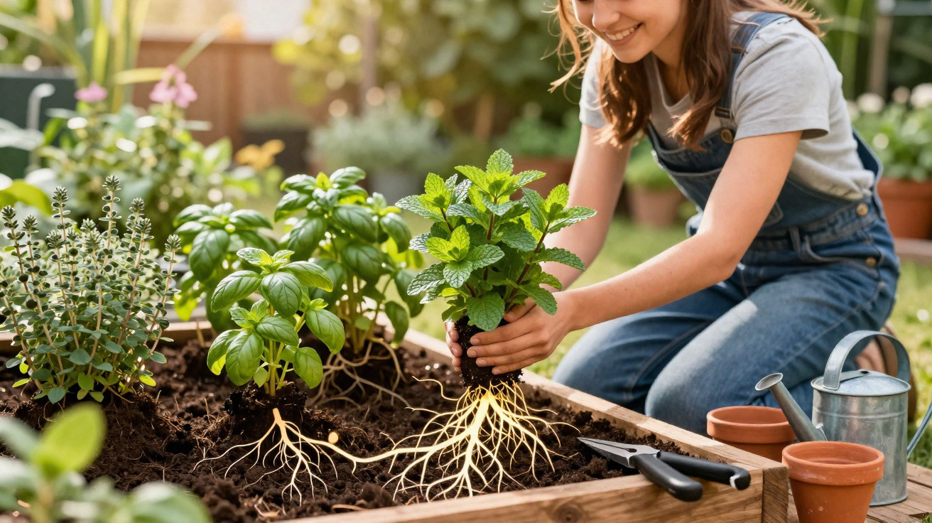 Mulher a plantar ervas aromáticas numa horta elevada, com raízes visíveis no solo, num jardim ensolarado.