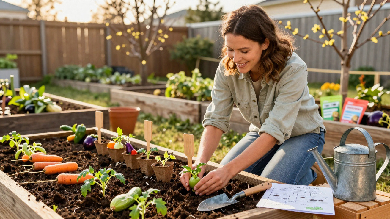 Mulher a plantar vegetais numa horta urbana com ferramentas de jardinagem ao lado num dia ensolarado.