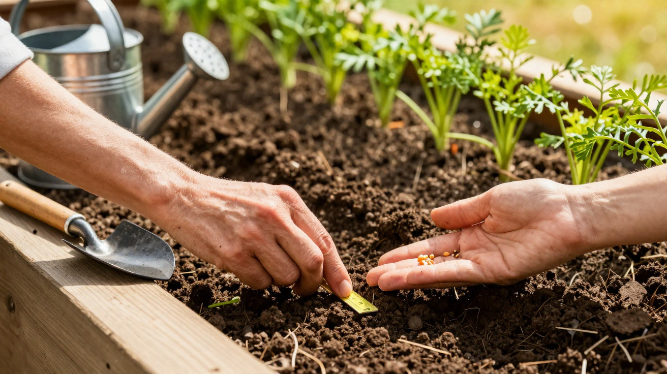 Duas pessoas a plantar sementes numa horta com regador e enxada à mão à luz do dia.