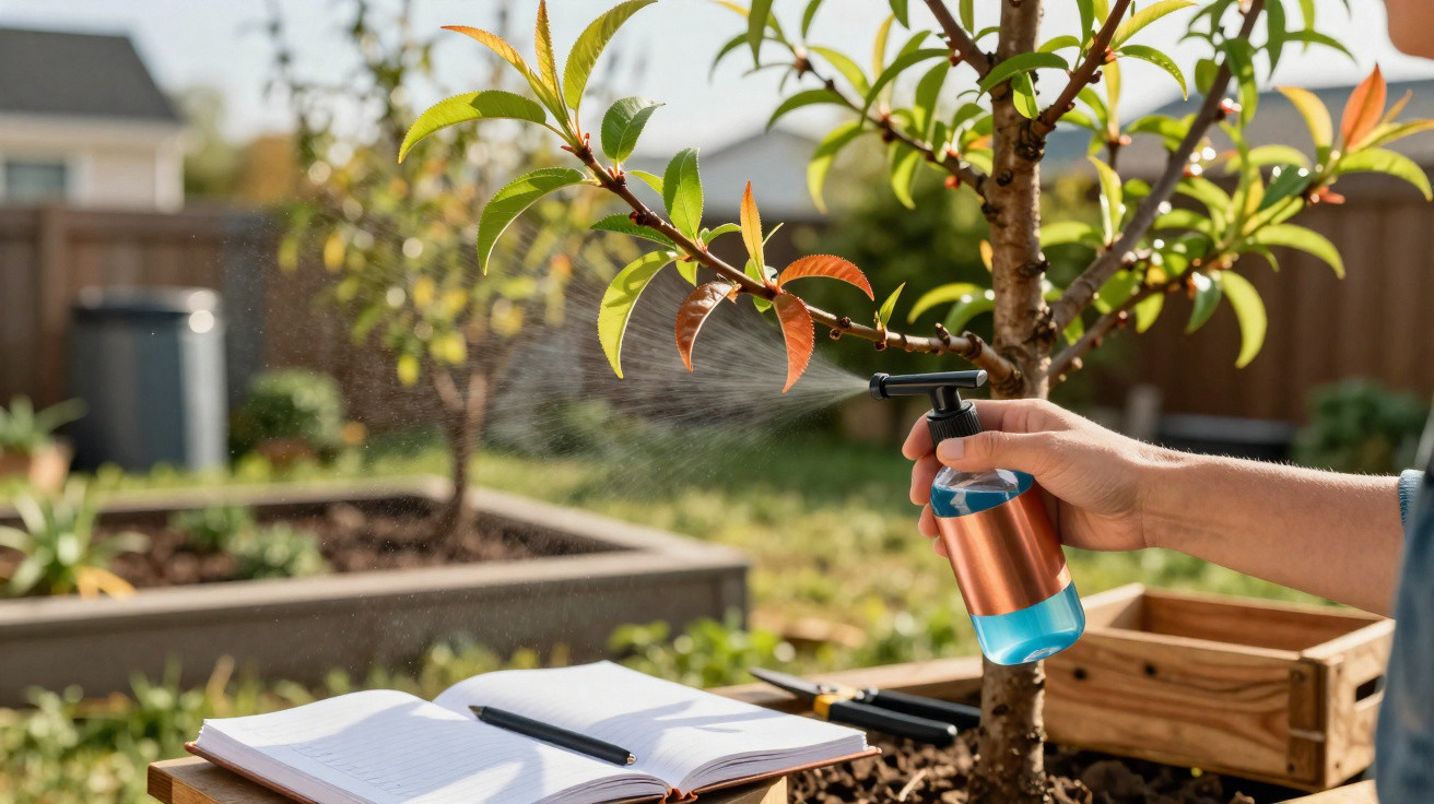Mão a pulverizar planta jovem num jardim, com caderno e caneta numa mesa em primeiro plano.