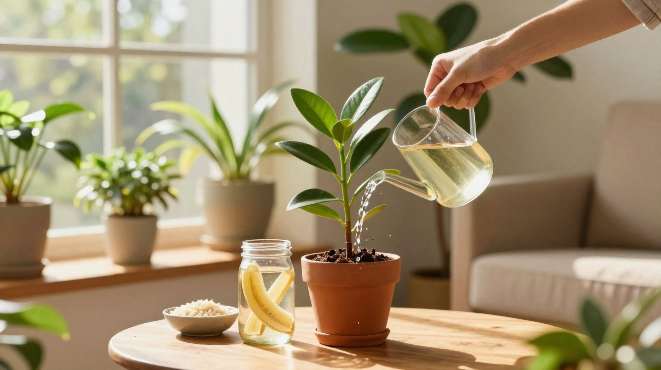Pessoa a regar planta em vaso num ambiente interior com luz natural e outras plantas ao fundo.