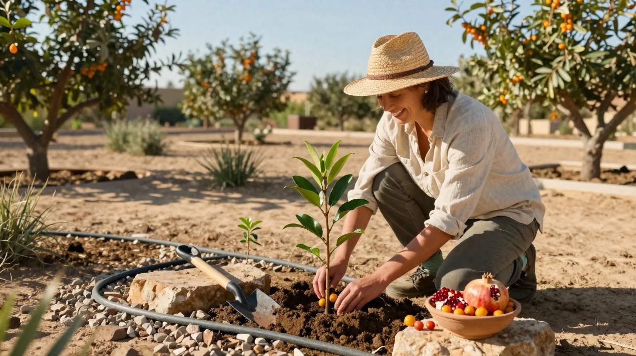 Mulher a plantar muda num campo com árvores de citrinos, com chapéu de palha e frutas numa taça ao lado.