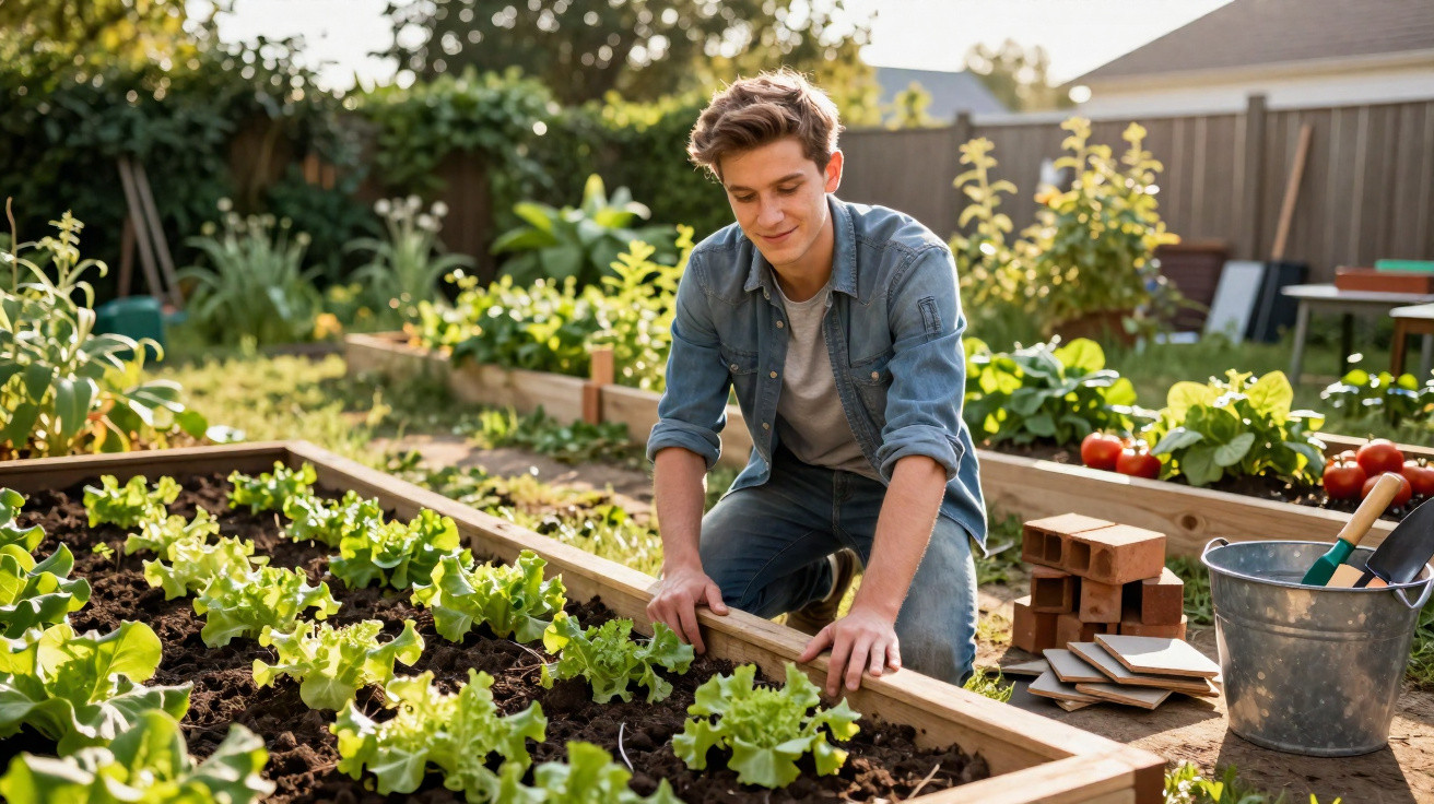 Jovem a cuidar de alfaces numa horta elevada ao ar livre, rodeado de plantas e luz solar.