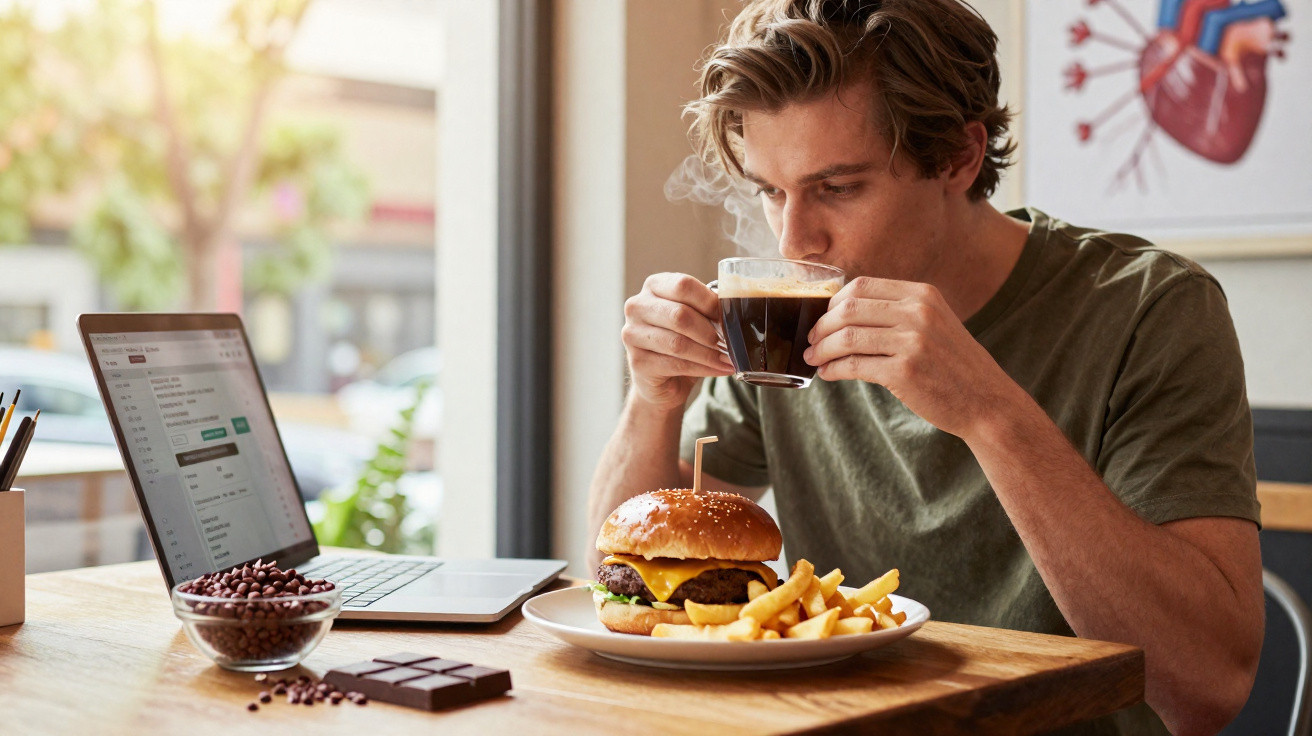 Homem jovem em café com hambúrguer, batatas fritas e laptop, a beber café.